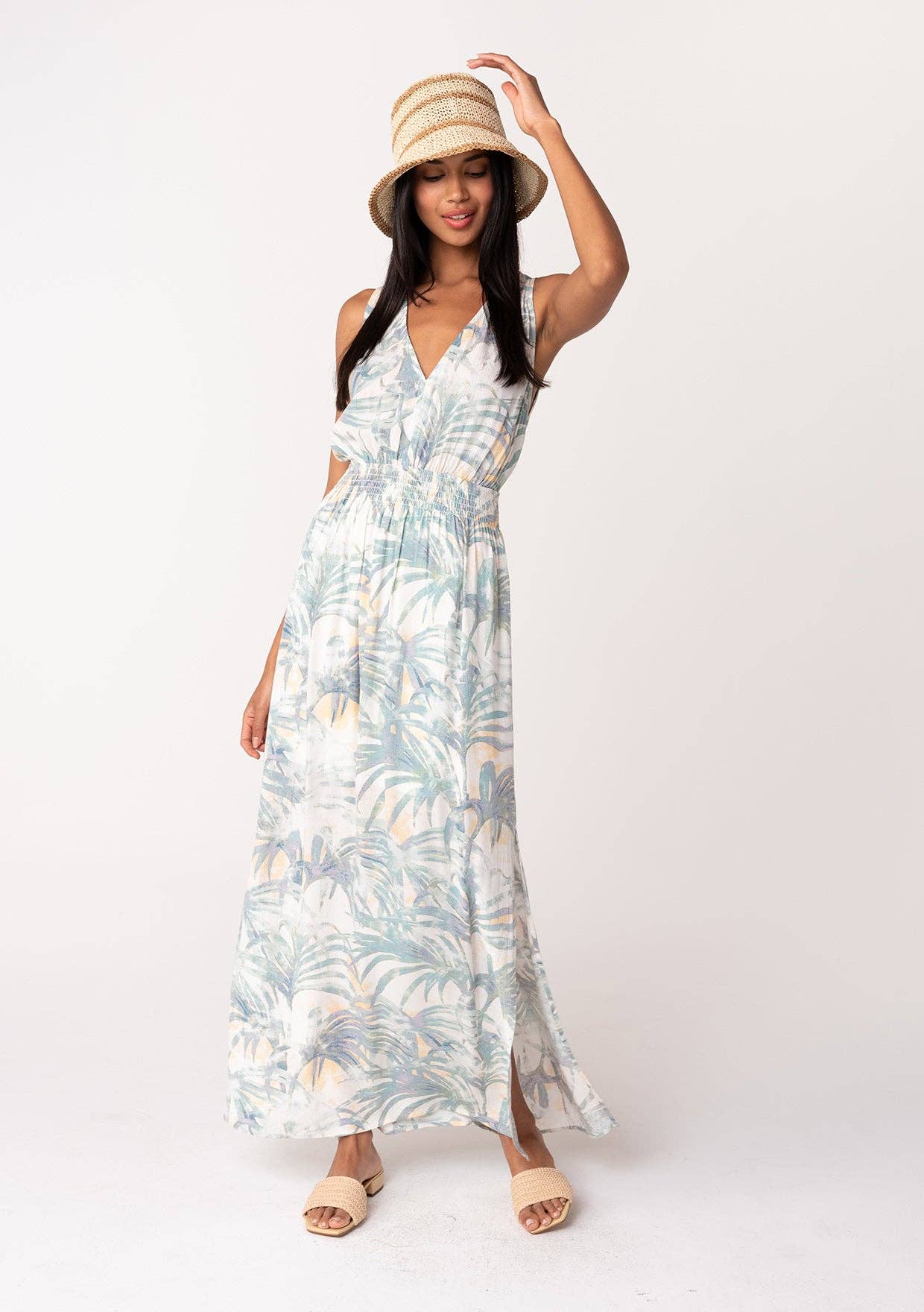 Tropical Sleeveless Tie Back V Neck Maxi Dress