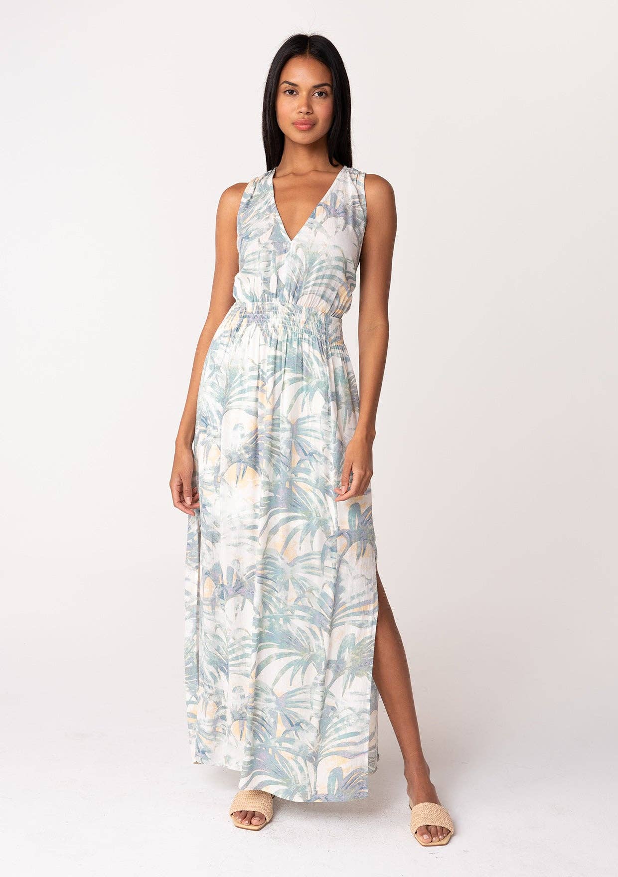 Tropical Sleeveless Tie Back V Neck Maxi Dress