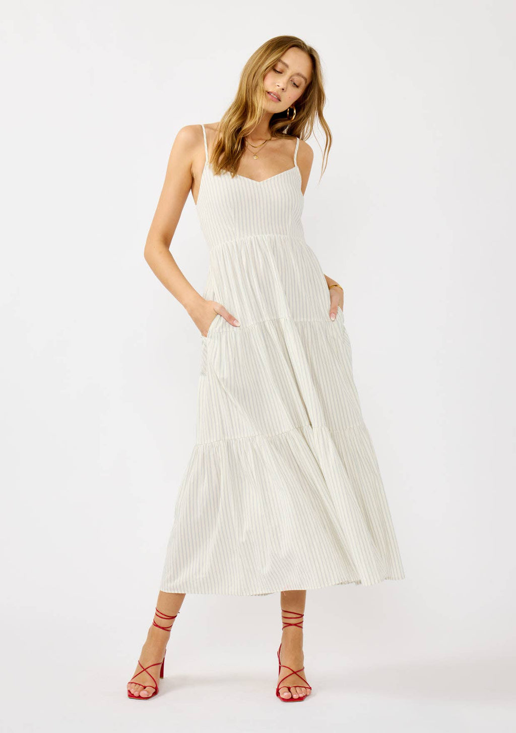 Striped Cotton Spaghetti Strap Tiered Maxi Dress