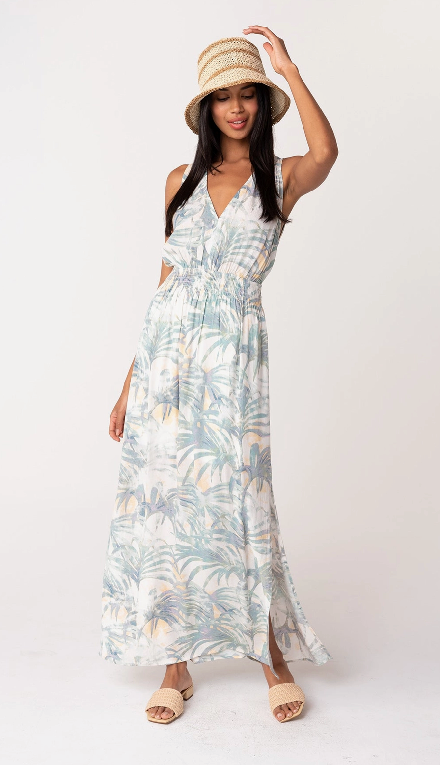 Tropical Sleeveless Tie Back V Neck