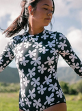 Women's Long Sleeve Zip Up in Black Plumeria