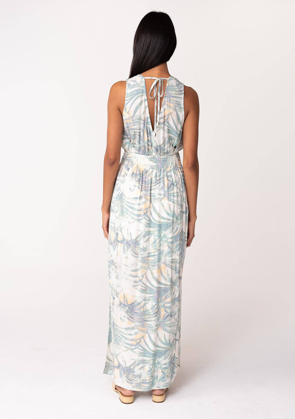 Tropical Sleeveless Tie Back V Neck Maxi Dress