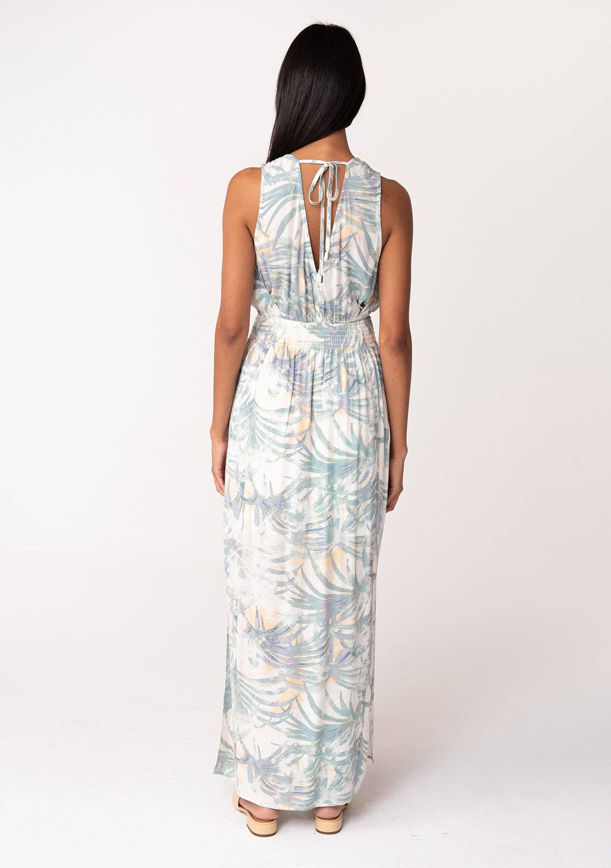 Tropical Sleeveless Tie Back V Neck Maxi Dress
