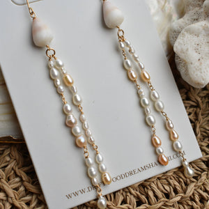 Cone Shell + Pearl Strand Dangle Earrings