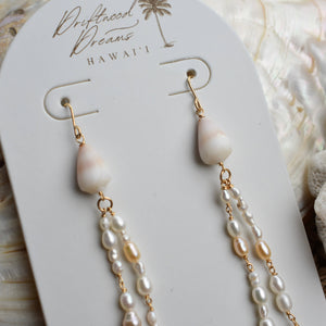 Cone Shell + Pearl Strand Dangle Earrings